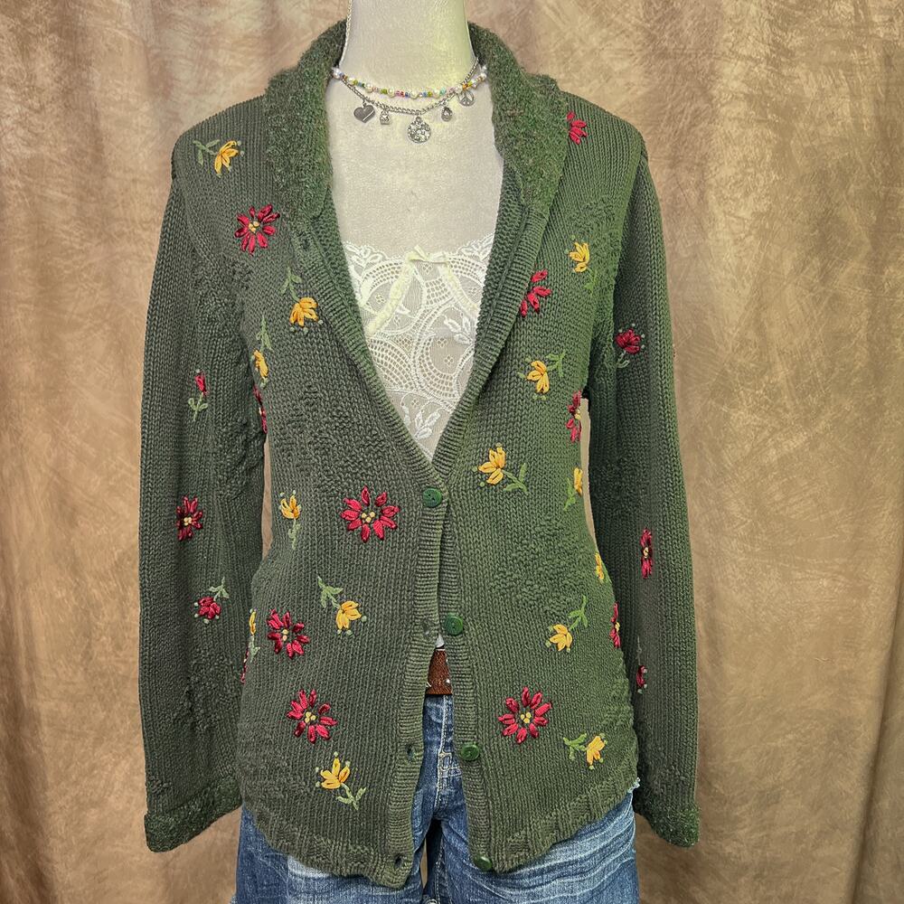 Floral Embroidered Cardigan Sweater Forest Green V Neck Vintage Y2K Fall Earthy